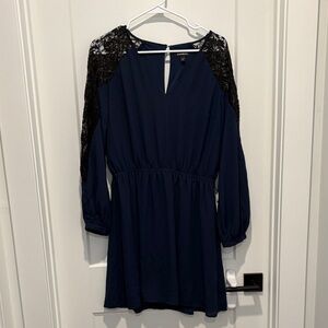 LOFT Navy Dress with Black Lace Accents